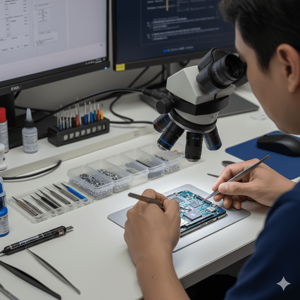 Técnico especialista Sunfertech reparando celular em bancada profissional