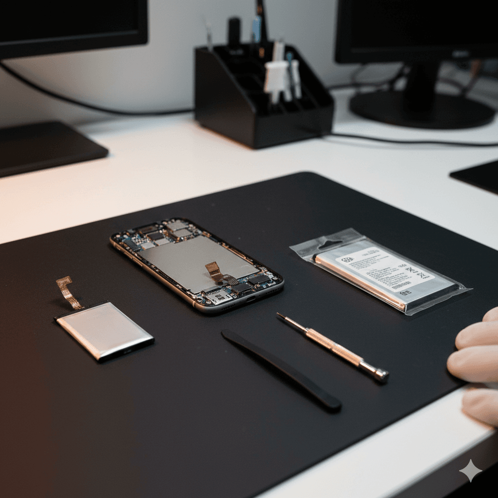 Troca de bateria de celular com ferramenta técnica